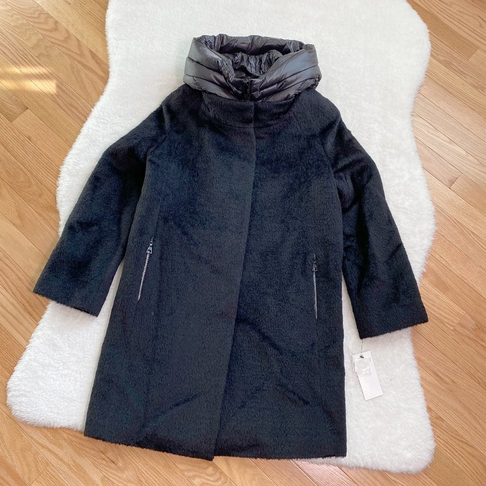 Trina Turk Women's Wool Alpaca Coat, Puffy Hood, Duck Down, Black, Size 2